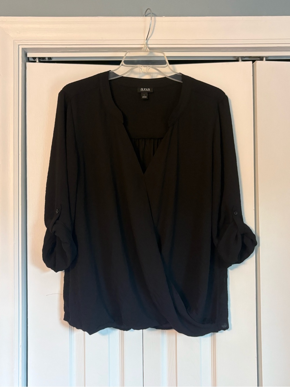 a.n.a Black Wrap-Front Roll Sleeve Blouse
